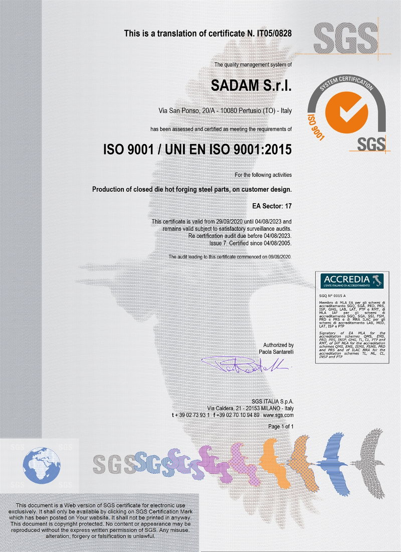 Sadam certificato ISO9001 2017-2020